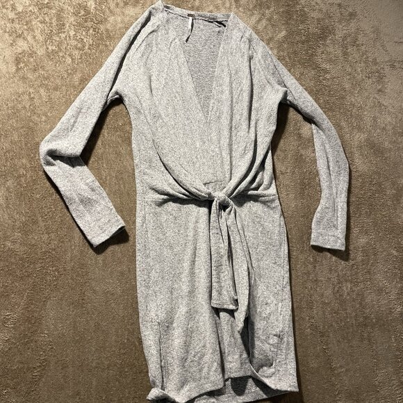 Free People Dress Womens XS Ginger Heather Gray Cozy  Tie Front Vneck Long Slv - Picture 2 of 7